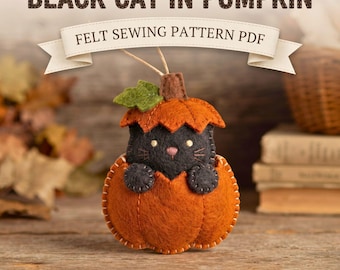 Patrón de adorno de gato negro PDF, costura de fieltro de gatito calabaza, decoración de Halloween