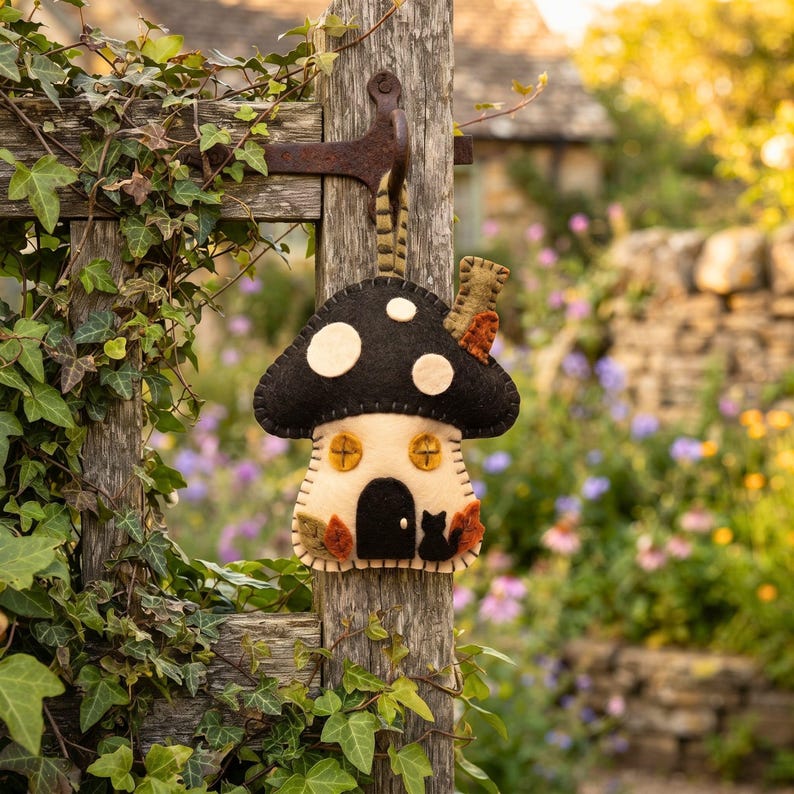 Felt mushroom house ornament hanging on a cottage garden gate with climbing ivy