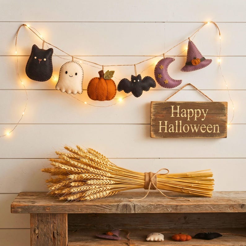 Felt Halloween garland on a farmhouse shiplap wall with warm fairy lights