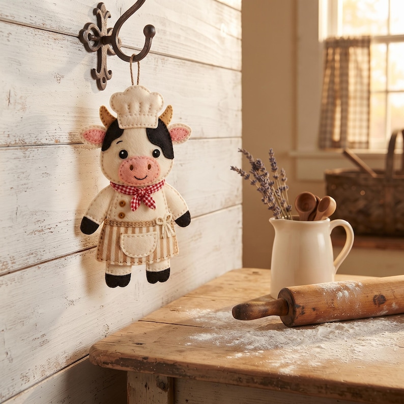 Baker Cow felt sewing pattern PDF showing illustrated instructions, pattern pieces, material details, assembly steps, and measurements for making the stuffed cow ornament.