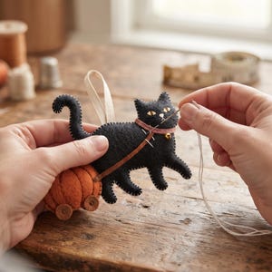 Macro photograph highlighting neat blanket stitching and embroidered golden eye details on a felt black cat.