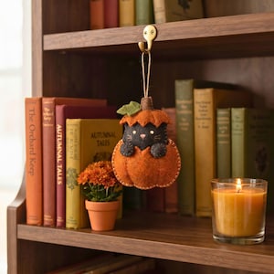 Felt cat in pumpkin ornament hanging on a cozy fall bookshelf with books and a candle