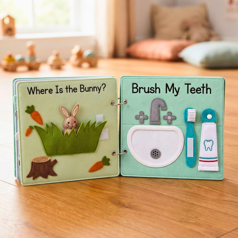 Flat lay of felt sewing supplies, embroidery floss, and cut-out pattern pieces for a quiet book dental page.