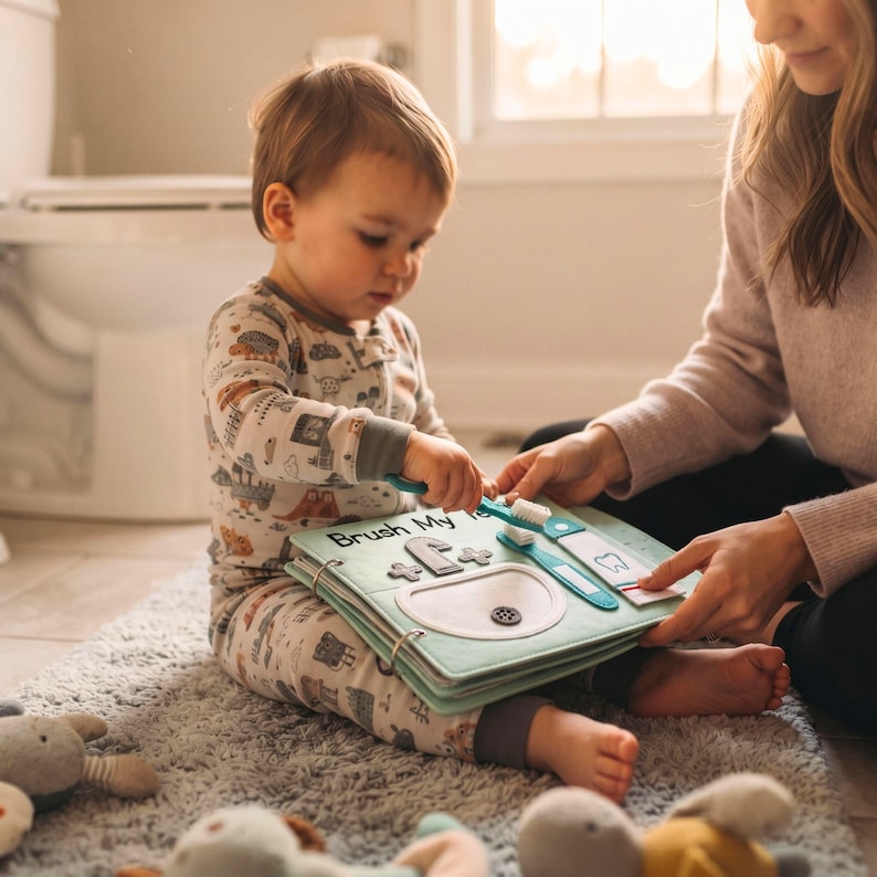 Mother and toddler playing together with an interactive felt quiet book page about dental hygiene.