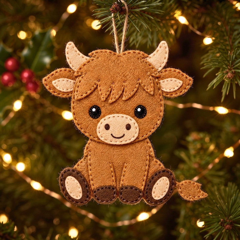 Baby Highland Cow felt ornament with fluffy hair, horns, ears and embroidered face