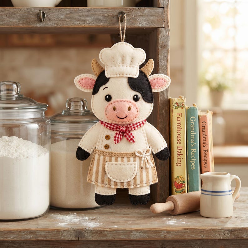 Handmade felt Baker Cow ornament with cream and black cow markings, tan horns, pink muzzle, chef toque, striped cobbler apron, red gingham neckerchief, and small black feet.