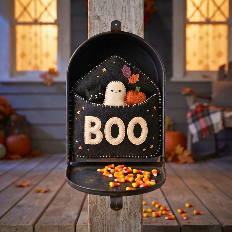 Halloween Envelope Felt Sewing Pattern, BOO Ornament PDF, Ghost Cat Pumpkin, Hand Sewing Pattern, Halloween Decor