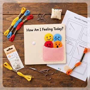 How Am I Feeling Today felt busy book page PDF sewing pattern with embroidery floss and snaps