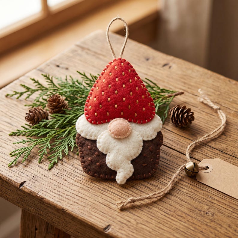 Close-up of a felt gnome with red strawberry hat, golden seed details, cream hat trim, pointed beard, and peach colored nose.