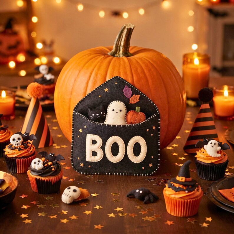 Halloween Envelope Felt Sewing Pattern, BOO Ornament PDF, Ghost Cat Pumpkin, Hand Sewing Pattern, Halloween Decor
