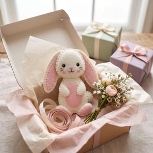 Bunny felt sewing pattern pieces including head, outer and inner ears, eyes, nose, cheeks, chest, body, hands, outer and inner feet, and tail.