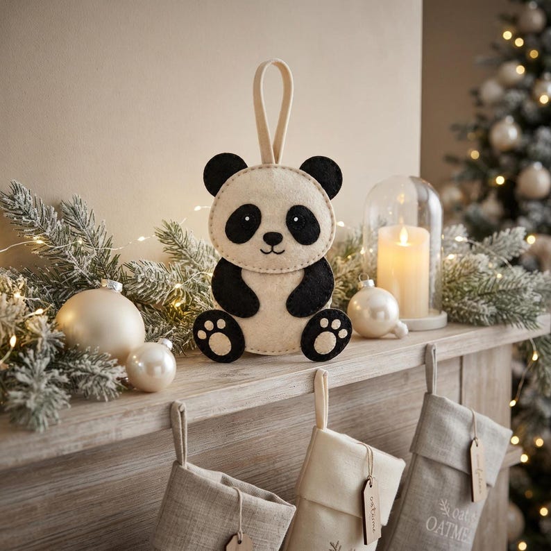 Cute finished felt panda ornament displayed in a warm home interior, showing the complete hand-sewn panda shape and hanging loop.