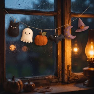 Felt Halloween garland with cat, ghost, pumpkin, bat, moon and witch hat draped across a rainy window at dusk