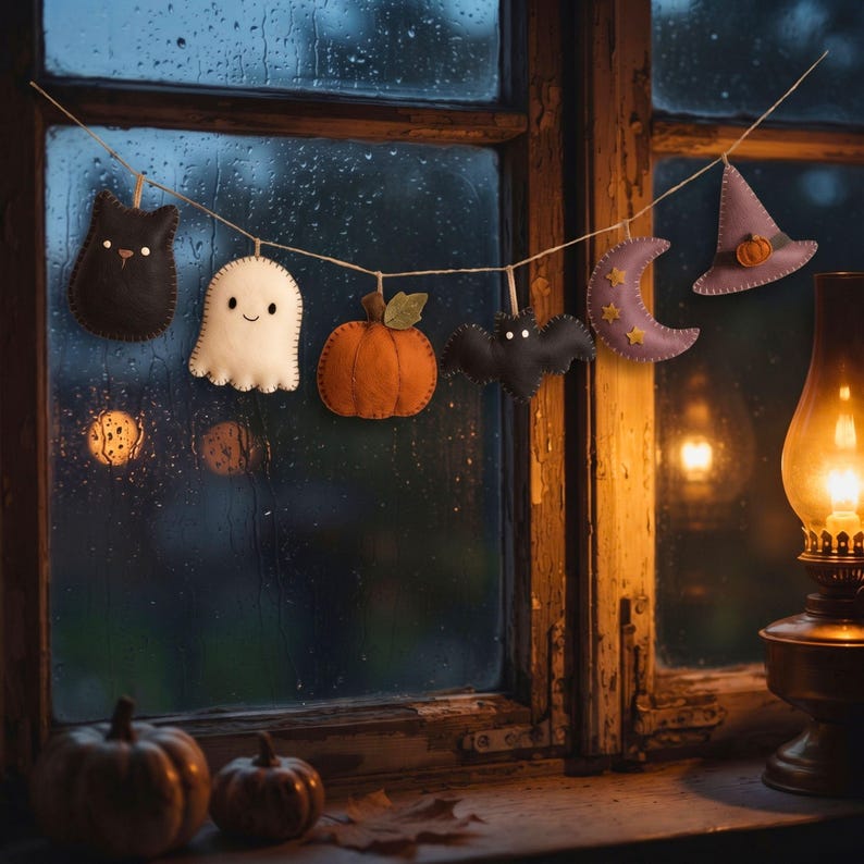 Felt Halloween garland with cat, ghost, pumpkin, bat, moon and witch hat draped across a rainy window at dusk