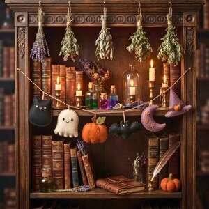 Felt Halloween garland draped over a witchy bookshelf with spell books and candles