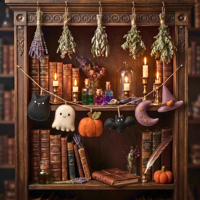 Felt Halloween garland draped over a witchy bookshelf with spell books and candles