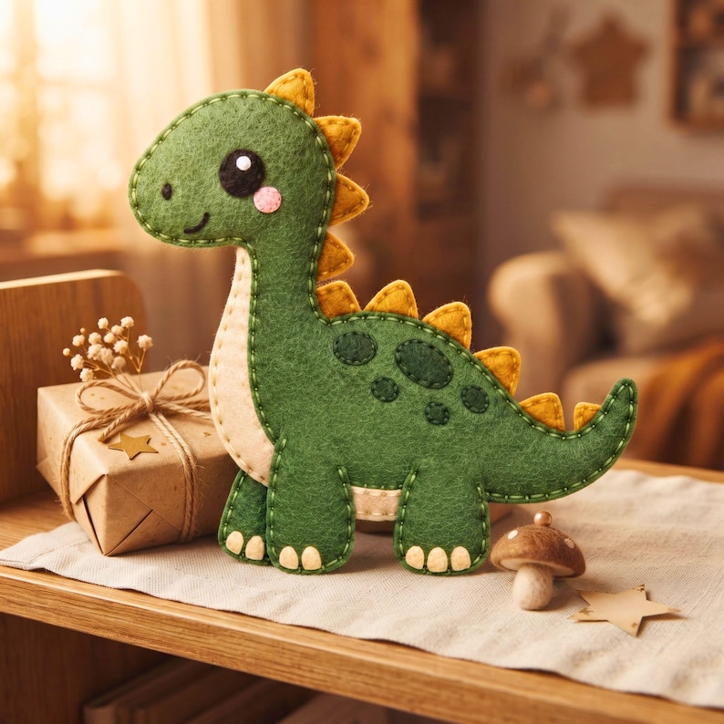 Kawaii dinosaur felt sewing pattern PDF showing materials, pattern measurements, stitching instructions and step-by-step ornament assembly.
