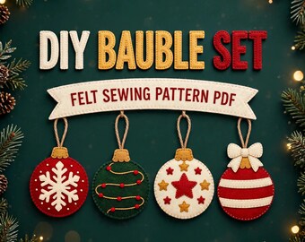 Patrón PDF DIY de bola de Navidad de fieltro, juego de 4 diseños de adornos a mano