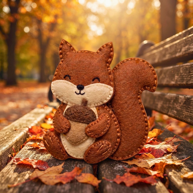Felt squirrel with acorn ornament on a picnic blanket in a forest clearing with pinecones