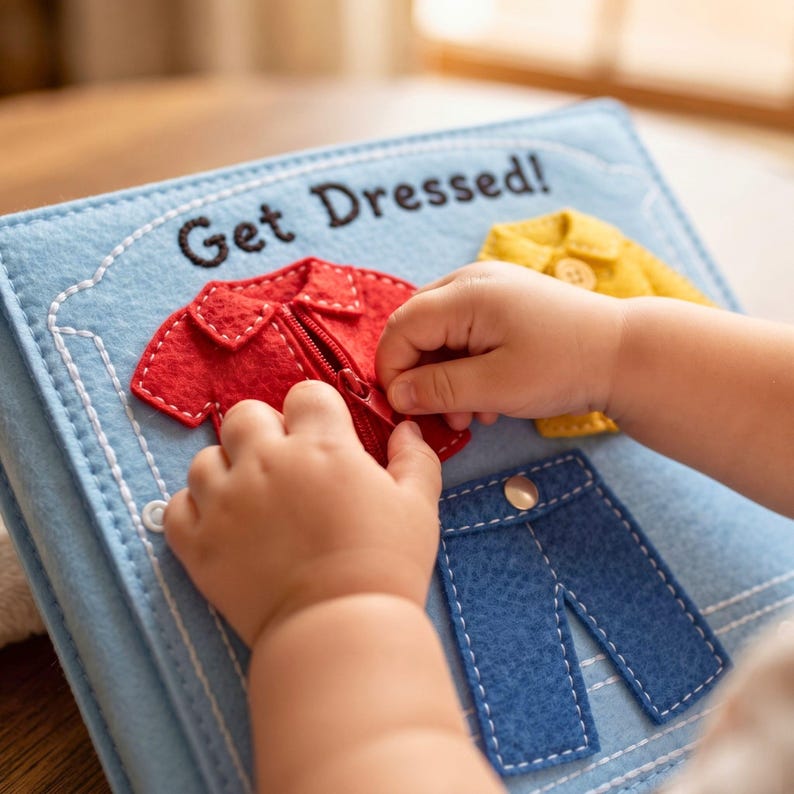 Toddler hands zipping felt shirt on Get Dressed busy book page for dressing practice