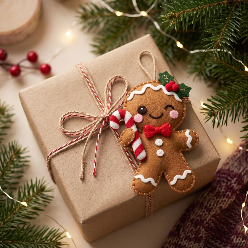 Gingerbread felt sewing pattern pieces including body, leaves, eye, cheeks, bow, candy cane, straps, and decorative details.