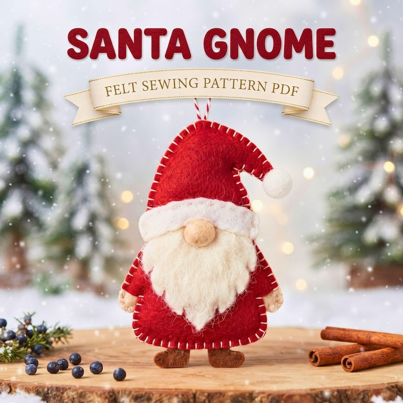 Santa Gnome Sewing Pattern PDF | Felt Christmas Ornament Pattern, DIY Hand Sewing Tutorial