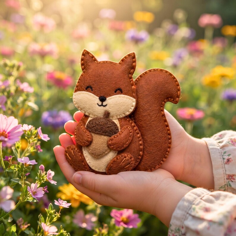 Child's hands holding the felt squirrel with acorn ornament in a sunny garden