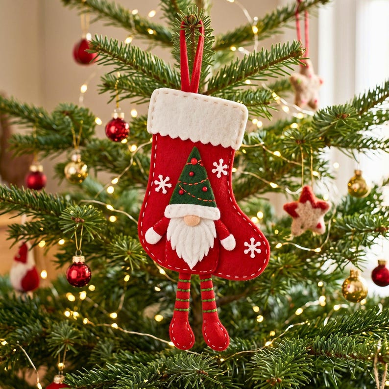 Finished red felt Christmas gnome stocking ornament with green gnome hat, white beard, Christmas tree, snowflakes and hanging loop