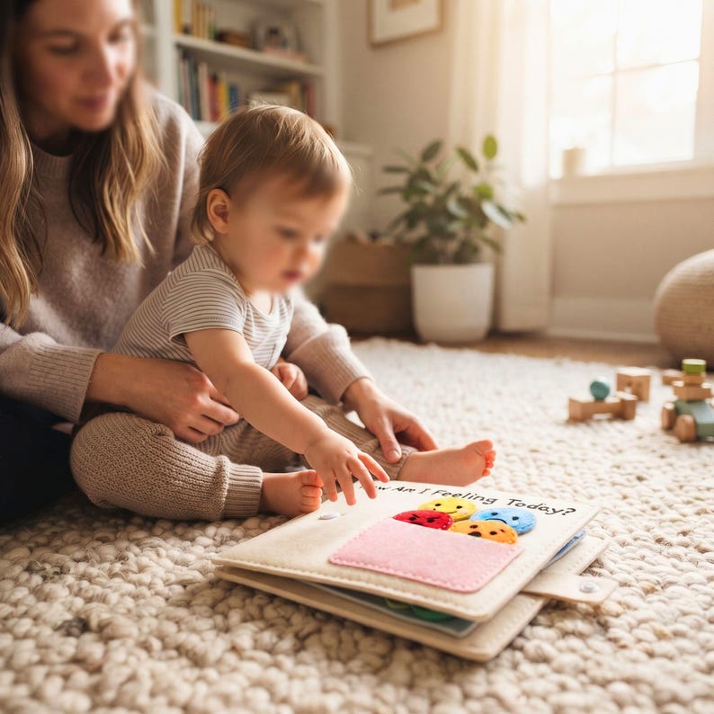 Parent and toddler playing with felt How Am I Feeling Today busy book page on playroom floor"