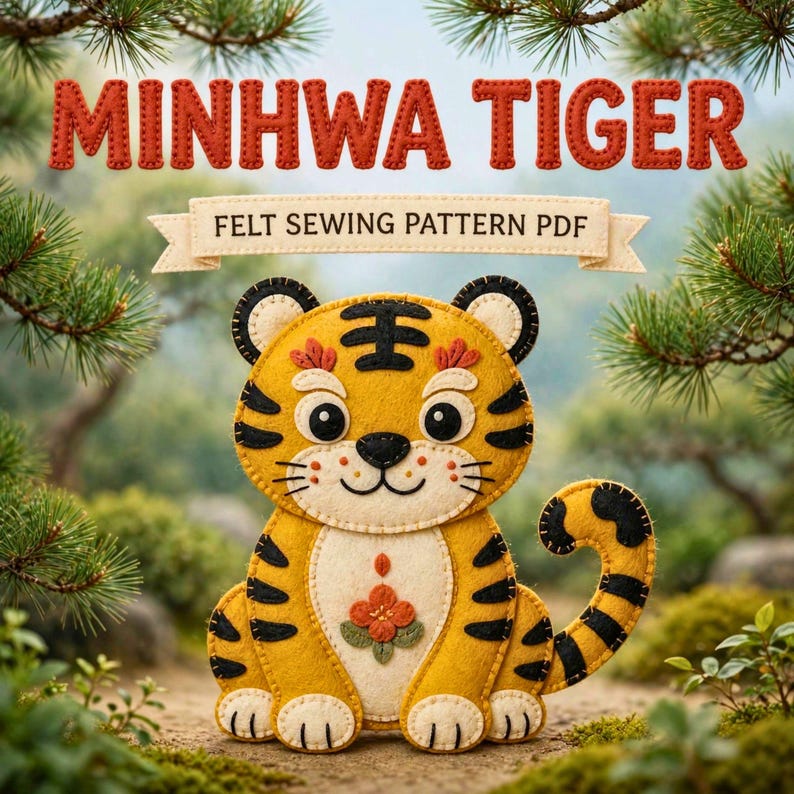 Minhwa Tiger Sewing Pattern PDF | Felt Korean Folk Tiger Ornament Pattern, DIY Cute Tiger Plush Lunar New Year Tutorial