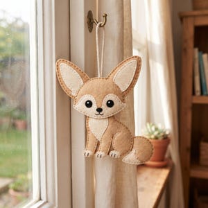 Hand-sewn fennec fox showing blanket stitched felt edges, oversized ears, cream facial details, legs, paws, and tail.