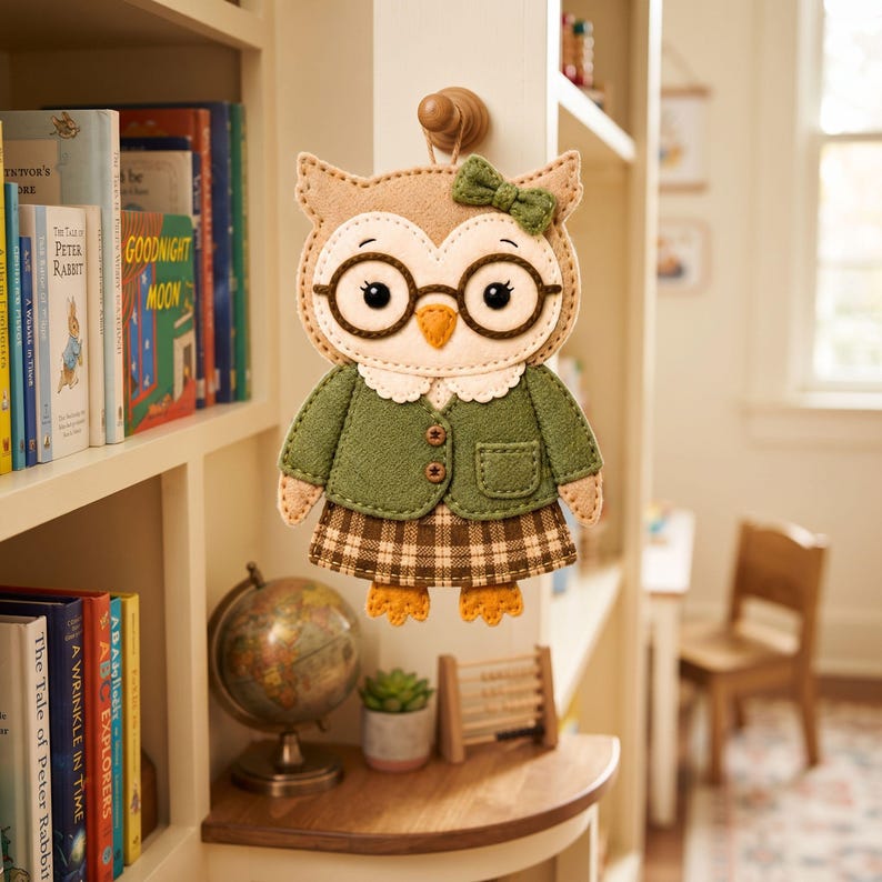 Librarian owl felt ornament displayed as handmade décor, featuring a green cardigan with buttons and pocket, plaid skirt, golden feet, and hanging loop.