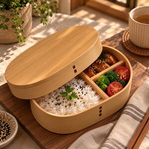 Peut inclure: Une boîte à bento ovale en bois avec un couvercle amovible. Le récipient est divisé en deux sections, l'une remplie de riz blanc garni de graines de sésame noir et d'un brin de persil, et l'autre de viande cuite, de brocolis et de tomates.