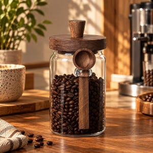Op de afbeelding: Een voorraadpot van helder glas gevuld met donker gebrande koffiebonen. De pot heeft een rond deksel van donker hout met een centrale knop en een bijpassende houten schep die aan de zijkant is bevestigd met een glazen lus aan de buitenkant.