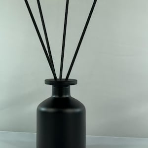 May include: A matte black reed diffuser bottle with a cylindrical base and a narrow neck. Four thin, straight black reeds are inserted into the opening of the bottle, extending upwards and outwards in a fan-like arrangement against a plain background.