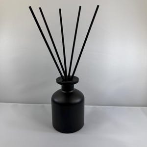 May include: A matte black reed diffuser bottle with a cylindrical base and a narrow neck. Five thin, straight black diffuser reeds are inserted into the opening of the bottle, extending upwards and outwards in a fan-like arrangement.