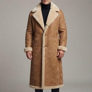 Men's Tan Suede Long Coat With Cream Shearling Trim Toggle Closure