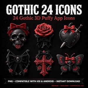 Puede incluir: Una colección digital titulada GOTHIC 24 ICONS que presenta 24 Gothic 3D Puffy App Icons. La imagen muestra seis iconos 3D que incluyen una calavera con un lazo rojo, una rosa roja con un lazo negro, un corazón negro con una daga, un lazo de calavera, una cruz roja y una calavera de mariposa.