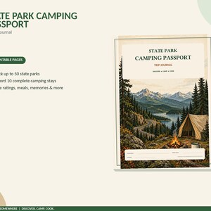 May include: A State Park Camping Passport and Trip Journal with 30 printable pages. The cover features a mountain landscape with a tent, campfire, and lake. Text includes: Track up to 50 state parks, Record 10 complete camping stays, and Save ratings.