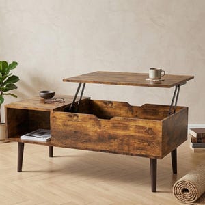 Rustic Lift-Top Coffee Table with Hidden Storage, Modern Rectangular Wood Table
