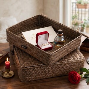 May include: Two stacked rectangular woven baskets made of dark brown natural fibers. The top basket contains a white card with gold cursive text, a small red velvet ring box holding two gold bands, and a clear glass bottle with a cork stopper.