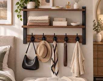 Perchero rústico de pared con ganchos, organizador de madera para recibidor, estante de almacenamiento de pared estilo granja, decoración moderna para pasillo, regalo para el hogar