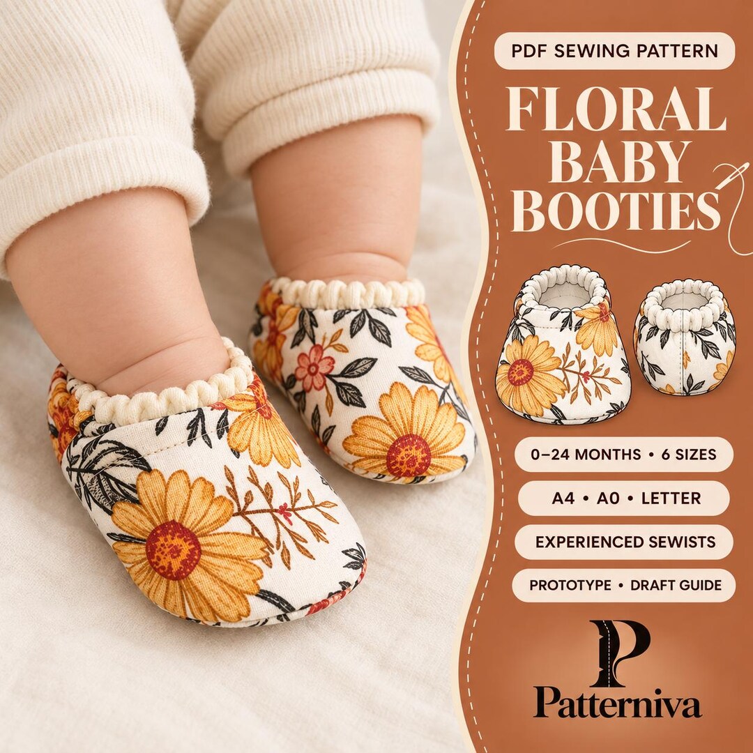 Baby Booties PDF Sewing Pattern, Lined Cotton Shoes, 6 Sizes 0–24 ...