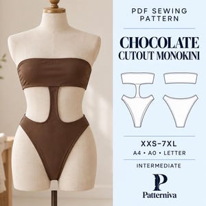 May include: A chocolate brown monokini with a cutout design displayed on a mannequin. The image includes text: PDF SEWING PATTERN, CHOCOLATE CUTOUT MONOKINI, XXS-7XL, A4, A0, LETTER, INTERMEDIATE, and the logo for Patterniva with a P icon.