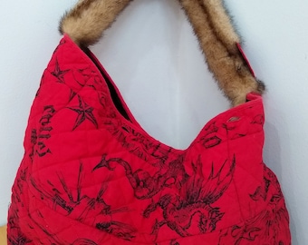 Vintage Remake Red Dragon Print Quilting Hobo Bag