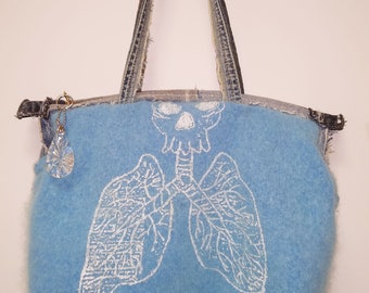 Vintage Remake Cashmere and Denim Tote Bag with Hand-Painted Skulls