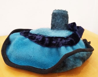 Vintage Remake Blue Wool Felt Toque Headdress with Navy Velvet Ribbon