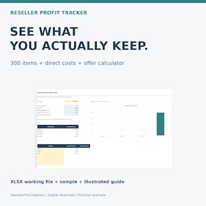 May include: A digital reseller profit tracker spreadsheet template featuring the text "RESELLER PROFIT TRACKER" and "SEE WHAT YOU ACTUALLY KEEP." The dashboard includes a profit chart, inventory list, and cost calculator for 300 items.
