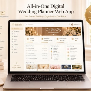 May include: A laptop displaying the EverAfter digital wedding planner web app interface. The screen shows a dashboard with task lists, budget tracking, and a wedding timeline. The app features a light beige color scheme with floral imagery.