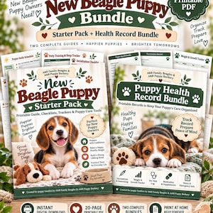 May include: A 20-page printable PDF bundle for new beagle puppy owners, including a starter pack and health record bundle. The documents feature text, icons, and images of beagle puppies, designed to track puppy health, training, and care.